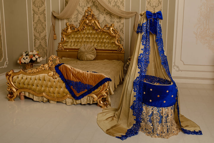Luxury Royal Blue & Gold Velvet Bassinet – Custom Baby Cradle