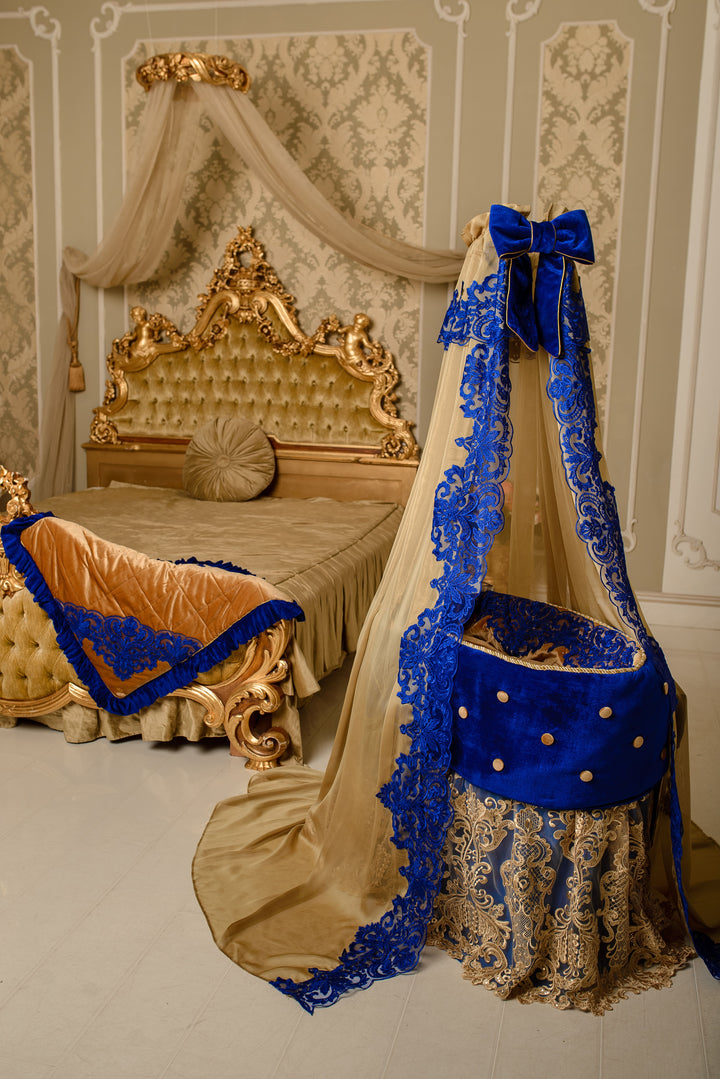 Luxury Royal Blue & Gold Velvet Bassinet – Custom Baby Cradle 1