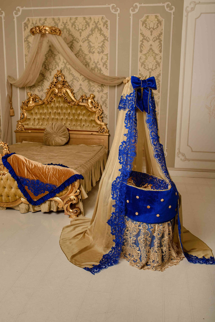 Luxury Royal Blue & Gold Velvet Bassinet – Custom Baby Cradle 2