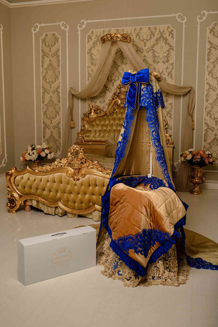 Luxury Royal Blue & Gold Velvet Bassinet – Custom Baby Cradle 3