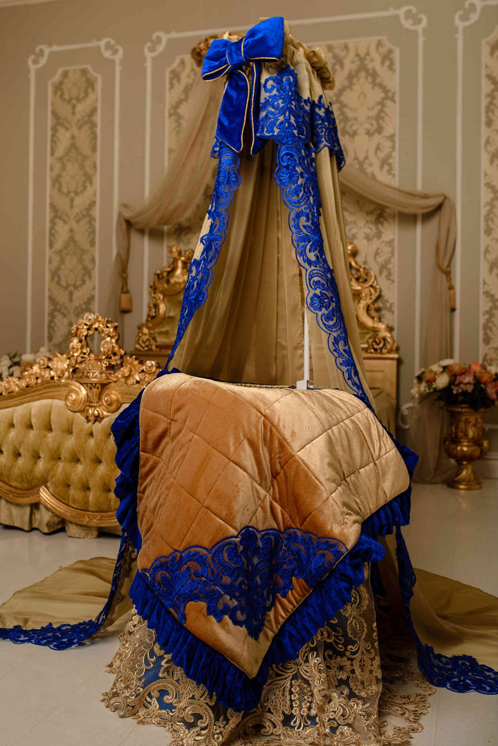 Luxury Royal Blue & Gold Velvet Bassinet – Custom Baby Cradle 4
