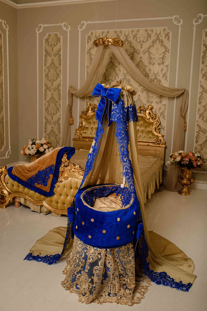 Luxury Royal Blue & Gold Velvet Bassinet – Custom Baby Cradle 5
