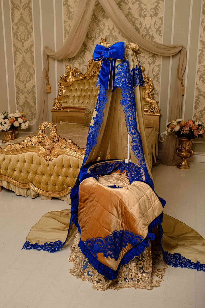 Luxury Royal Blue & Gold Velvet Bassinet – Custom Baby Cradle 6