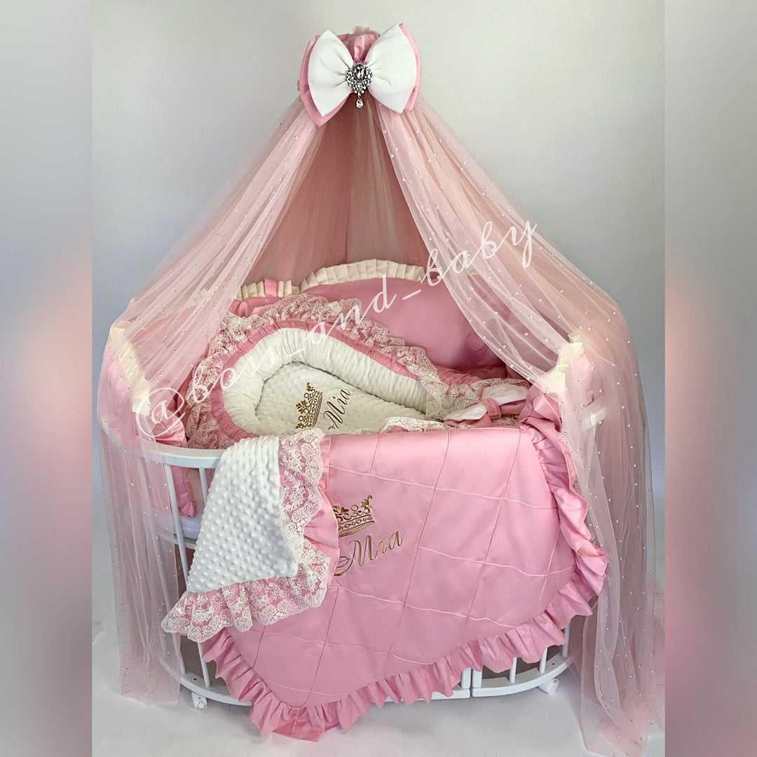 Personalized Peach Baby Nest Co-Sleeper with Lace Ruffles