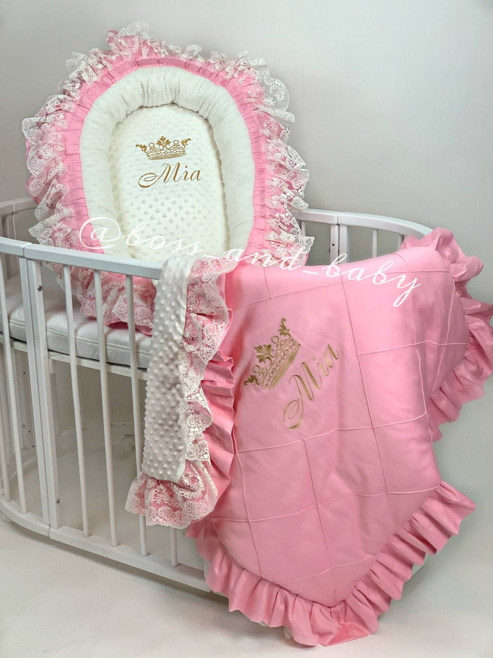 Personalized Peach Baby Nest Co-Sleeper with Lace Ruffles
