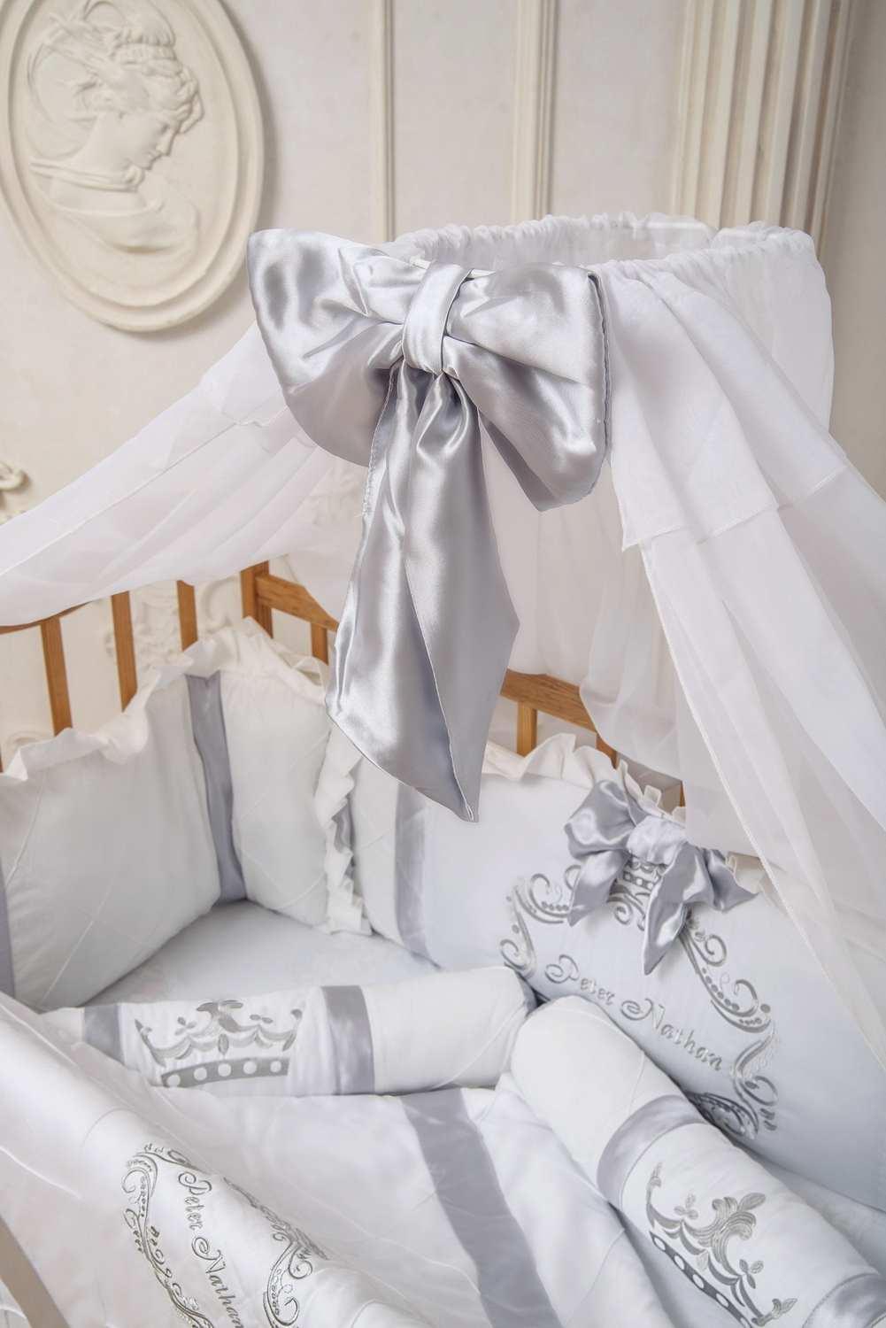 Royal White & Silver Baby Crib Bumper Set