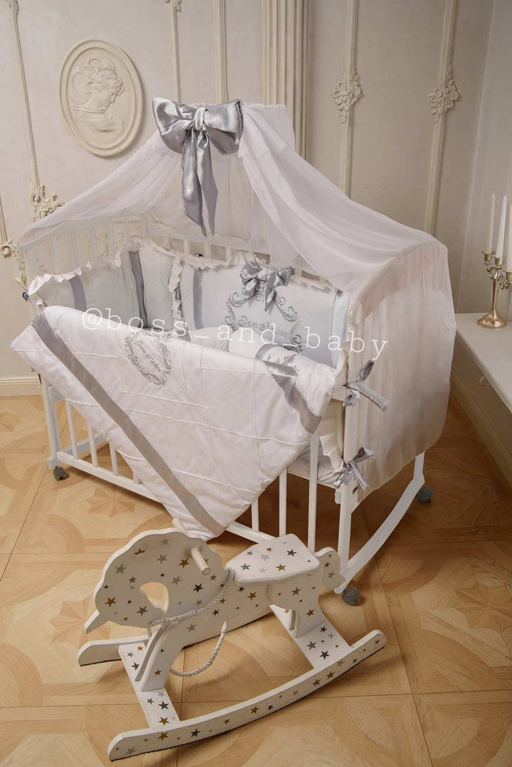 Royal White & Silver Baby Crib Bumper Set