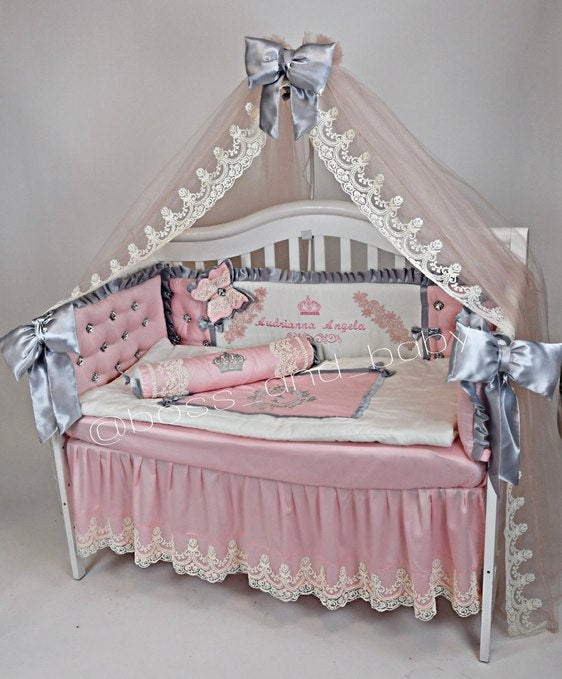Personalized Luxury Baby Girl Crib Bedding Set – Elegant
