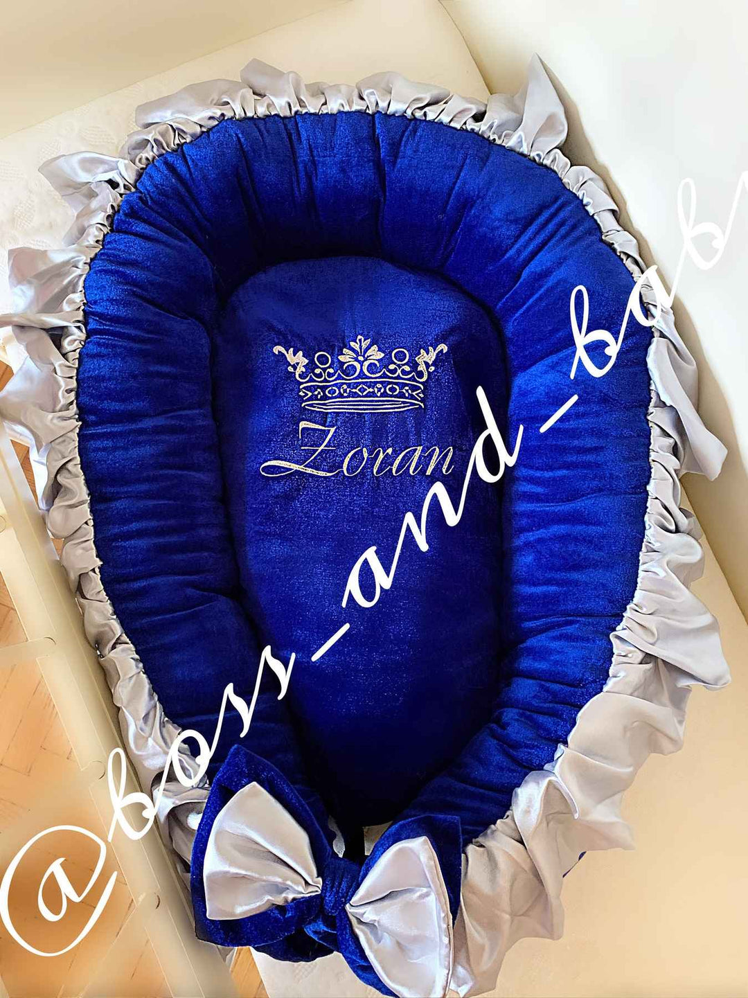 Personalized Royal Blue Baby Nest - Velvet Newborn Sleeping Pod with Silver Embroidery & Satin Bows