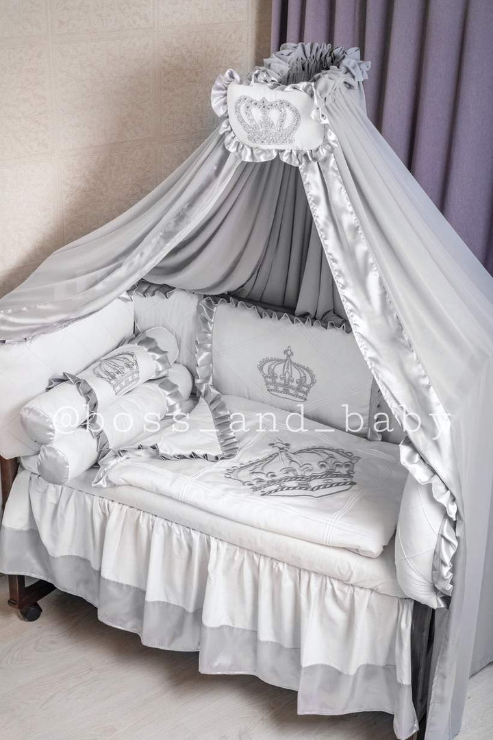 Silver and White Baby Boy Crib Bedding Set with Crowns