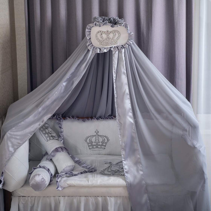 Silver and White Baby Boy Crib Bedding Set with Crowns