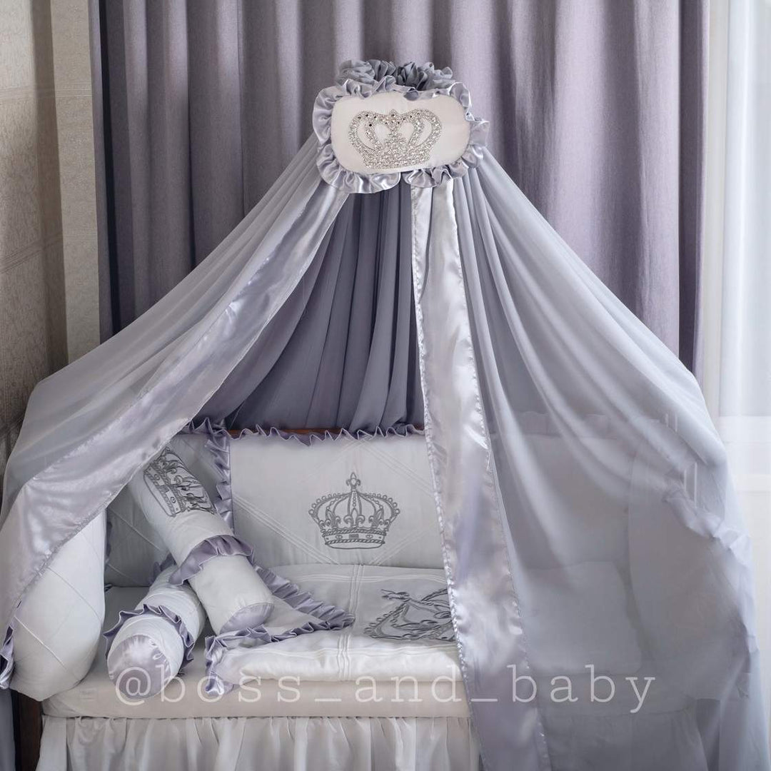 Silver and White Baby Boy Crib Bedding Set with Crowns