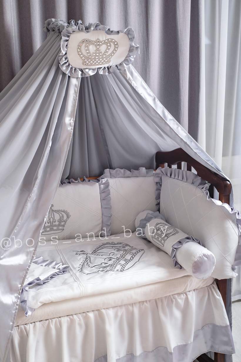 Silver and White Baby Boy Crib Bedding Set with Crowns