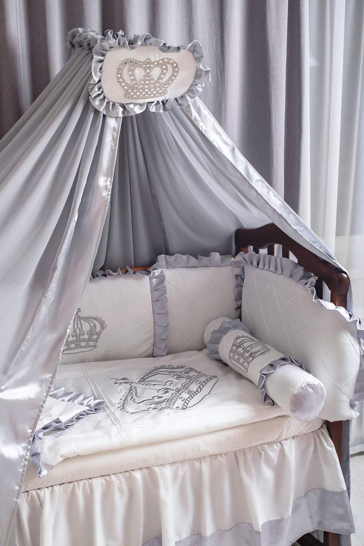Silver and White Baby Boy Crib Bedding Set with Crowns