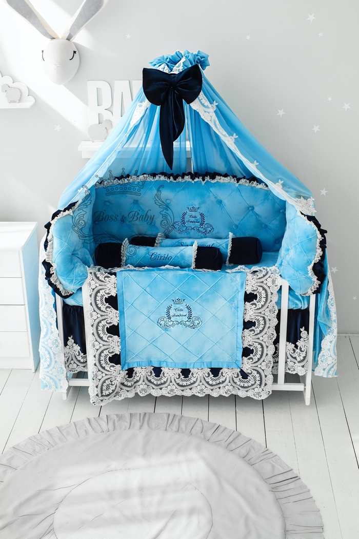 Luxury Sky Blue Baby Boy Bedding Set Lace Name Embroidery Accessories