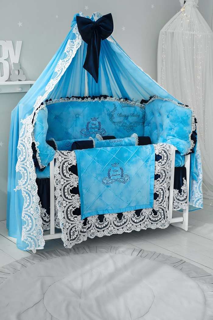 Luxury Sky Blue Baby Boy Bedding Set Lace Name Embroidery Accessories