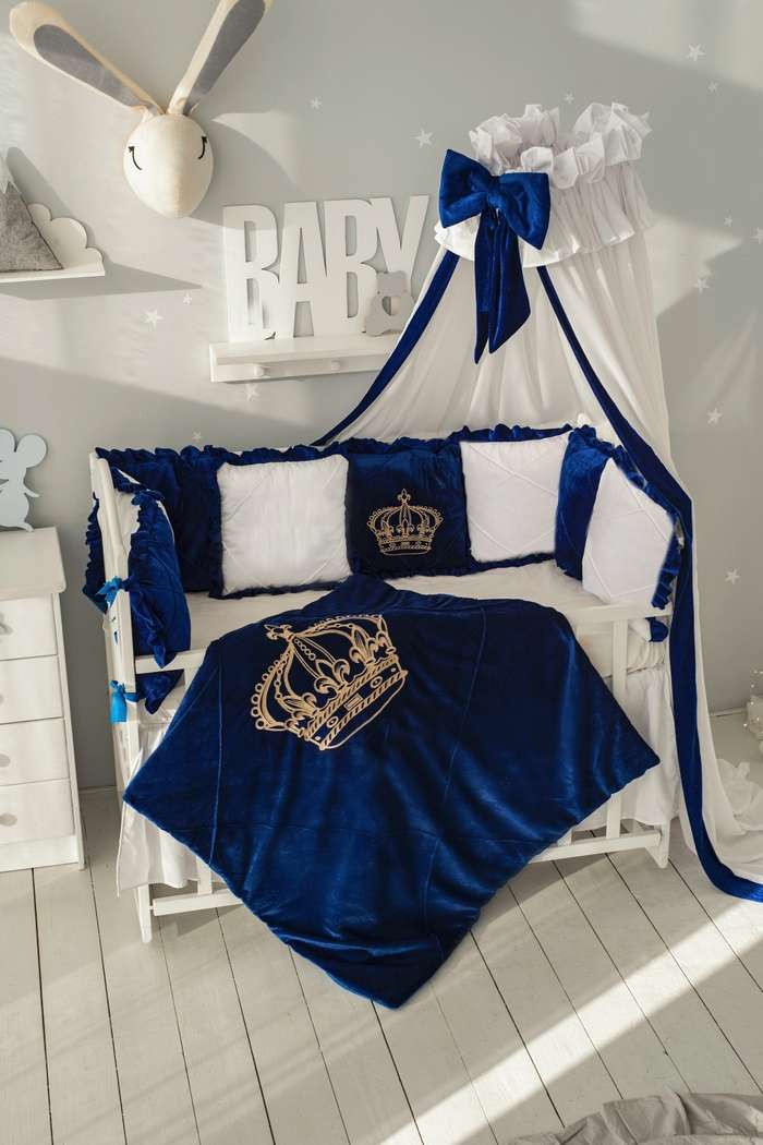 Luxury Blue & White Velvet Baby Bedding Set – Customizable