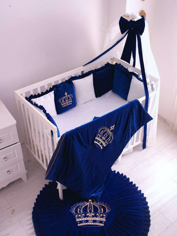 Luxury Blue & White Velvet Baby Bedding Set – Customizable