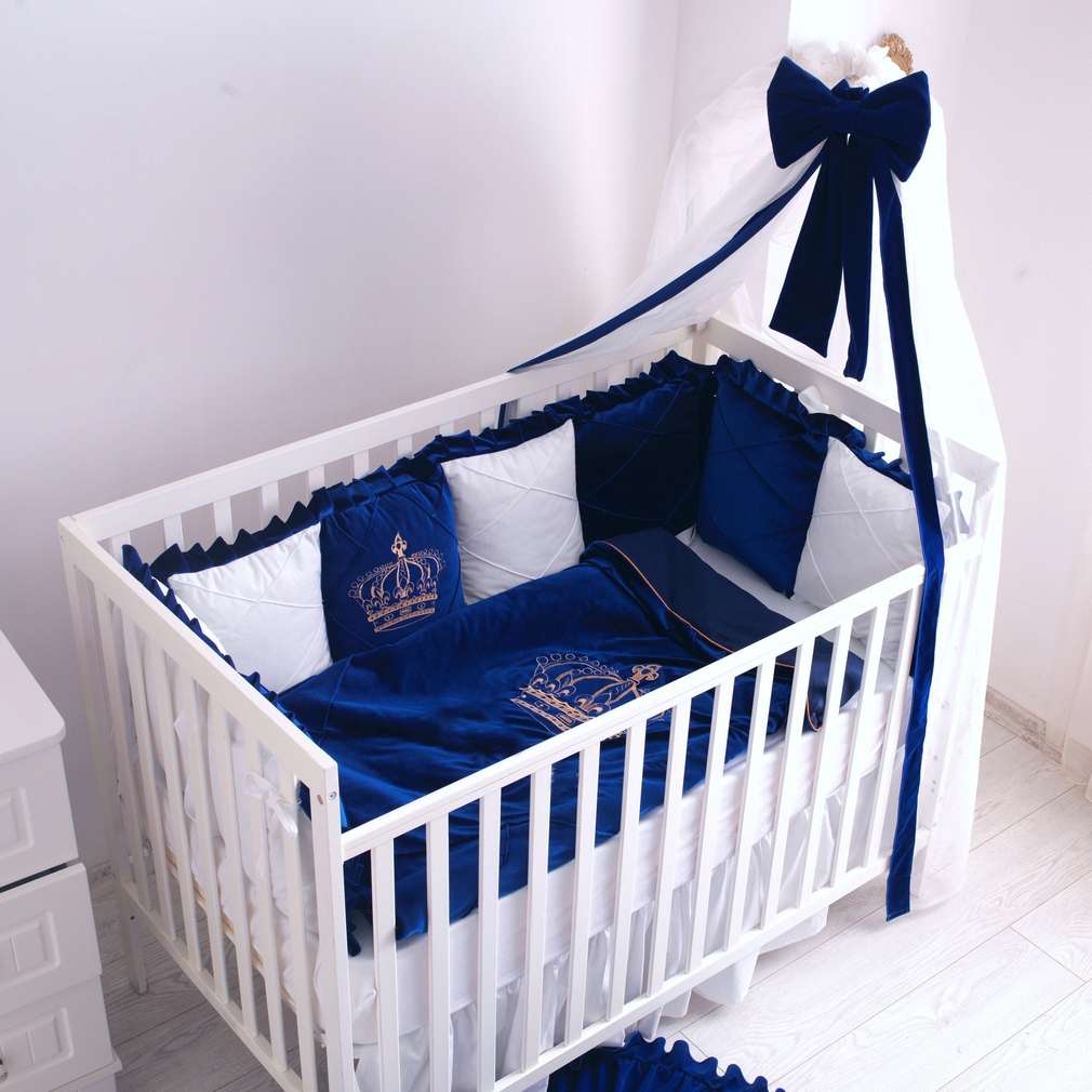 Luxury Blue & White Velvet Baby Bedding Set – Customizable