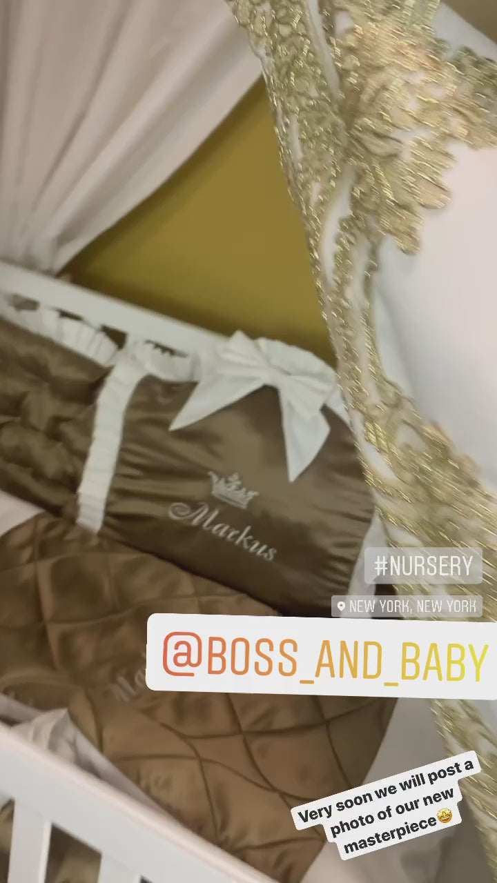 Gold Baby Boy Crib Bedding Set with Lace & Canopy
