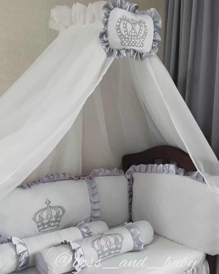 Silver and White Baby Boy Crib Bedding Set with Crowns