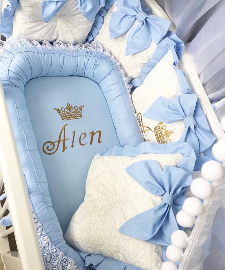 Blue & White Personalized Baby Boy Crib Bedding Set
