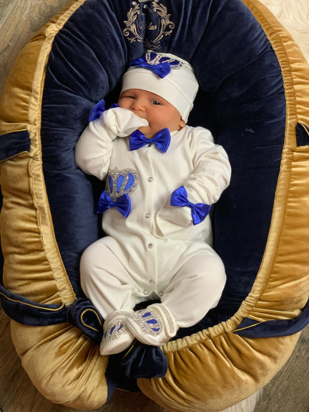 Custom Baby Boy Take-Home Outfit with Crown Onesie