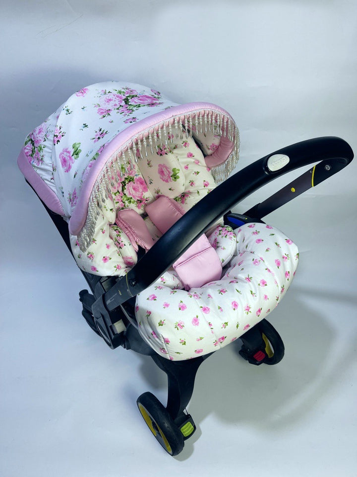 Vintage-Inspired Pink Flower Print Stroller Car Seat Cover Set: Perfect Gift for Expecting Moms!