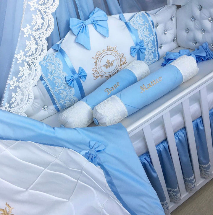 Blue & White Satin Baby Boy Bedding with Lace & Rhinestones