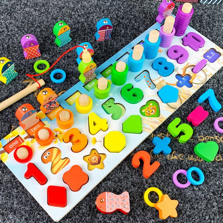 Multifunctional Wooden Educational Toy: Digital Shape Fishing and Alphabet Ferrule Set