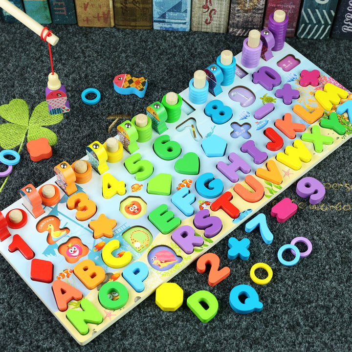 Multifunctional Wooden Educational Toy: Digital Shape Fishing and Alphabet Ferrule Set