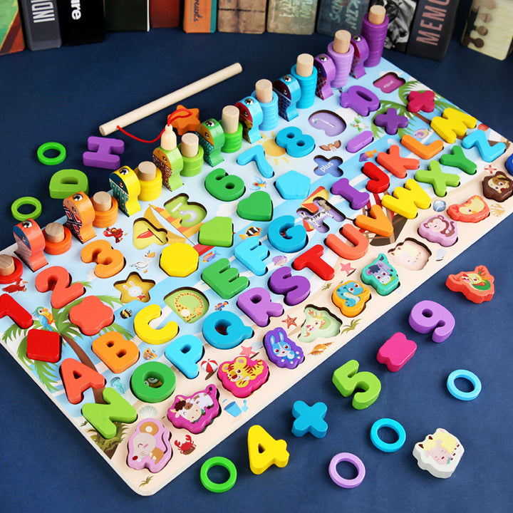 Multifunctional Wooden Educational Toy: Digital Shape Fishing and Alphabet Ferrule Set