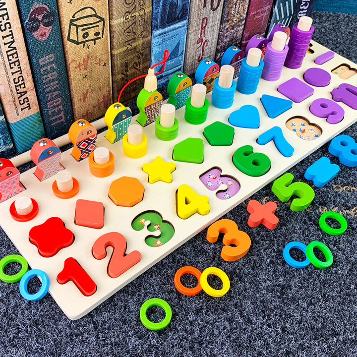 Multifunctional Wooden Educational Toy: Digital Shape Fishing and Alphabet Ferrule Set