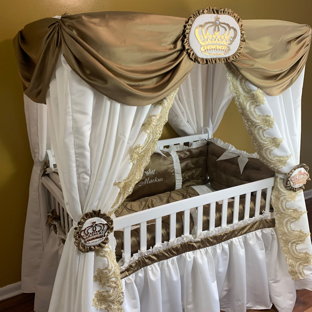Gold Baby Boy Crib Bedding Set with Lace & Canopy