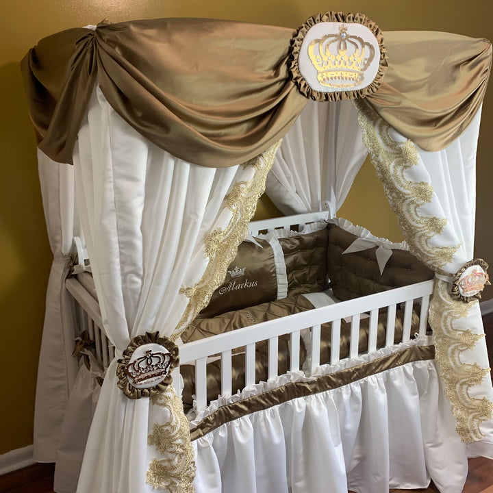 Gold Baby Boy Crib Bedding Set with Lace & Canopy