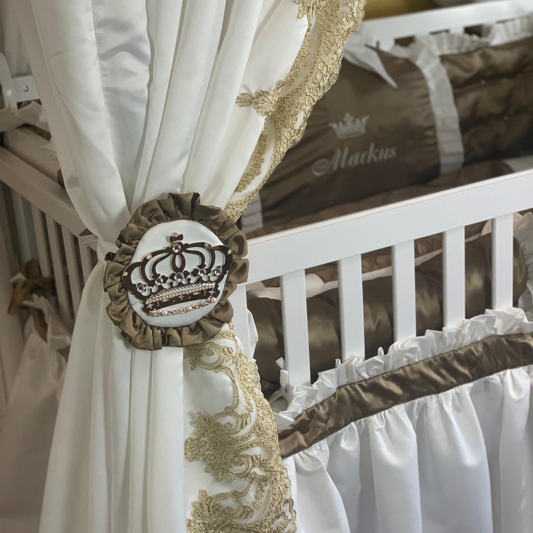 Gold Baby Boy Crib Bedding Set with Lace & Canopy