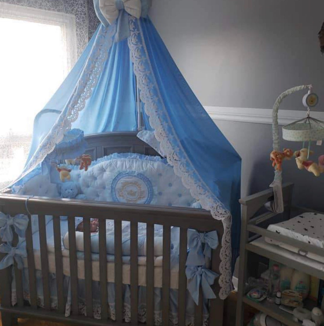 Blue & White Satin Baby Boy Bedding with Lace & Rhinestones