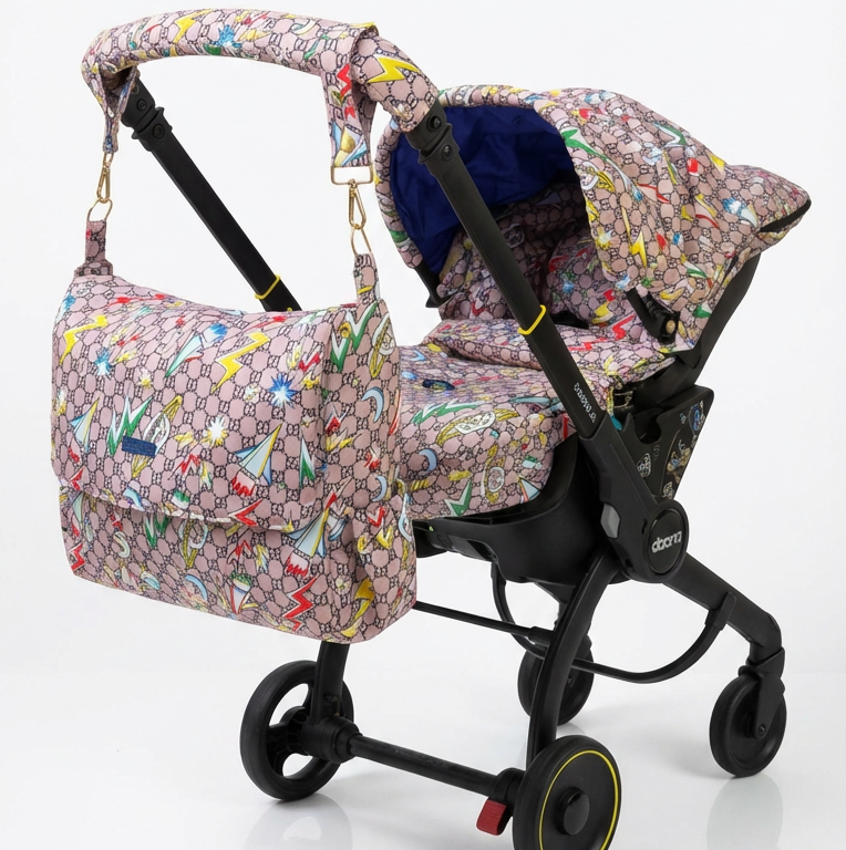 Infant car seat featuring a luxury-inspired monogram fabric cover with beige base and colorful graphic accents, displayed with a matching diaper bag on a white background.