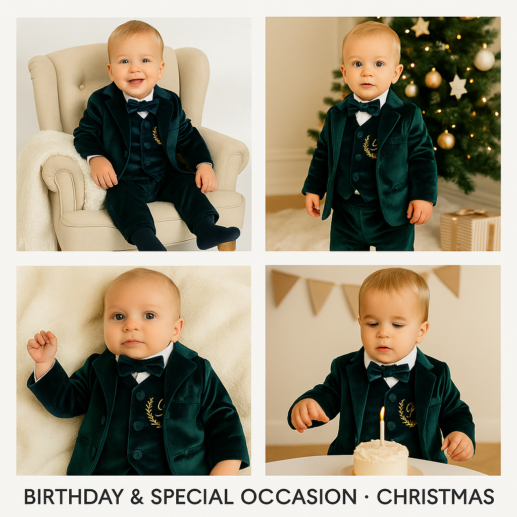 Personalized Emerald Green Velvet Baby Boy Suit