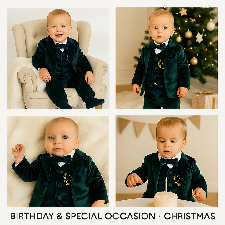 Personalized Emerald Green Velvet Baby Boy Suit