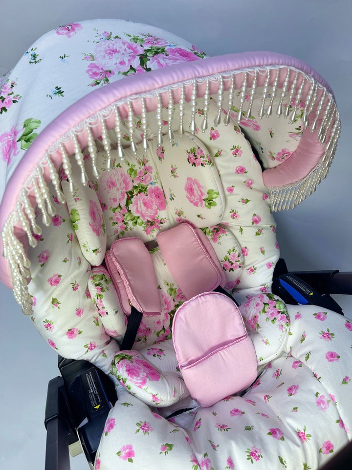 Vintage-Inspired Pink Flower Print Stroller Car Seat Cover Set: Perfect Gift for Expecting Moms!