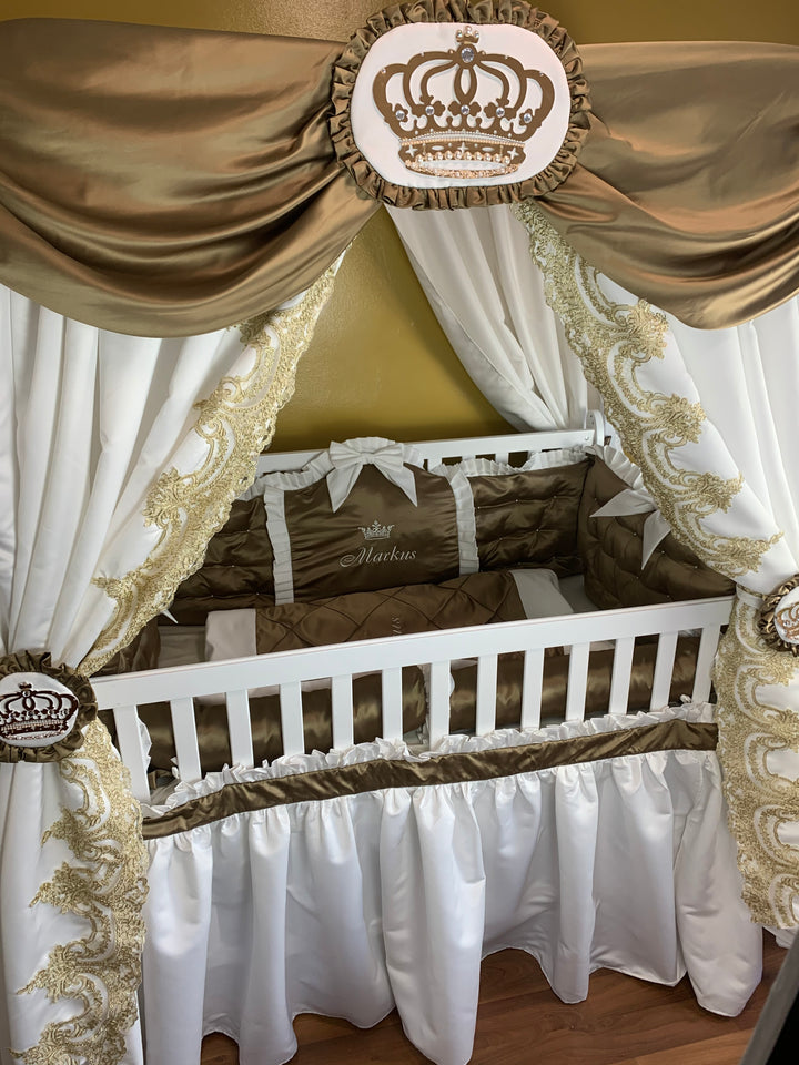 Gold Baby Boy Crib Bedding Set with Lace & Canopy