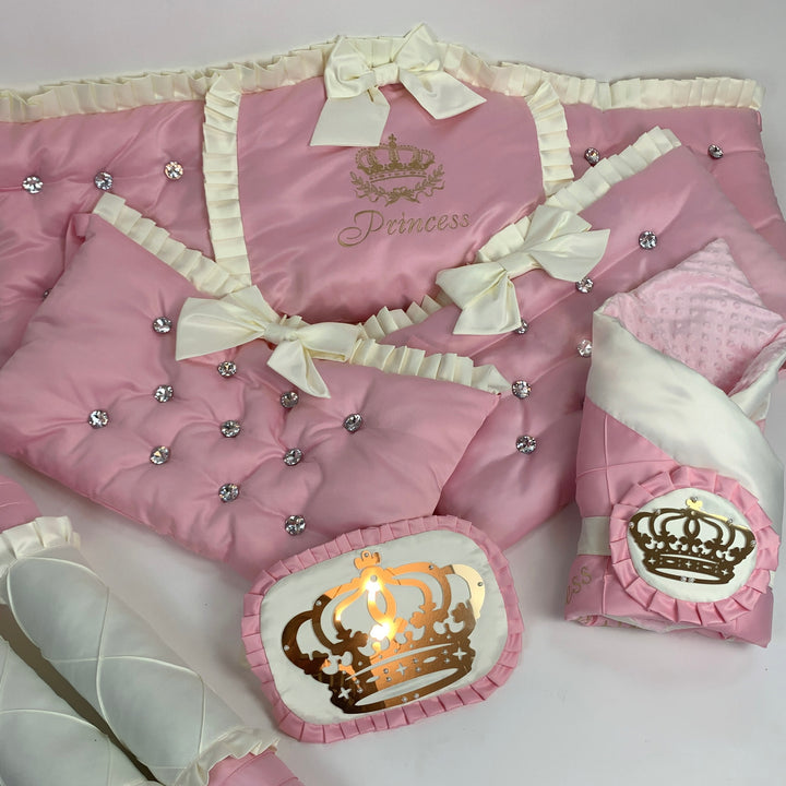 Luxury Pink Baby Girl Bedding Set with Lace & Rhinestones