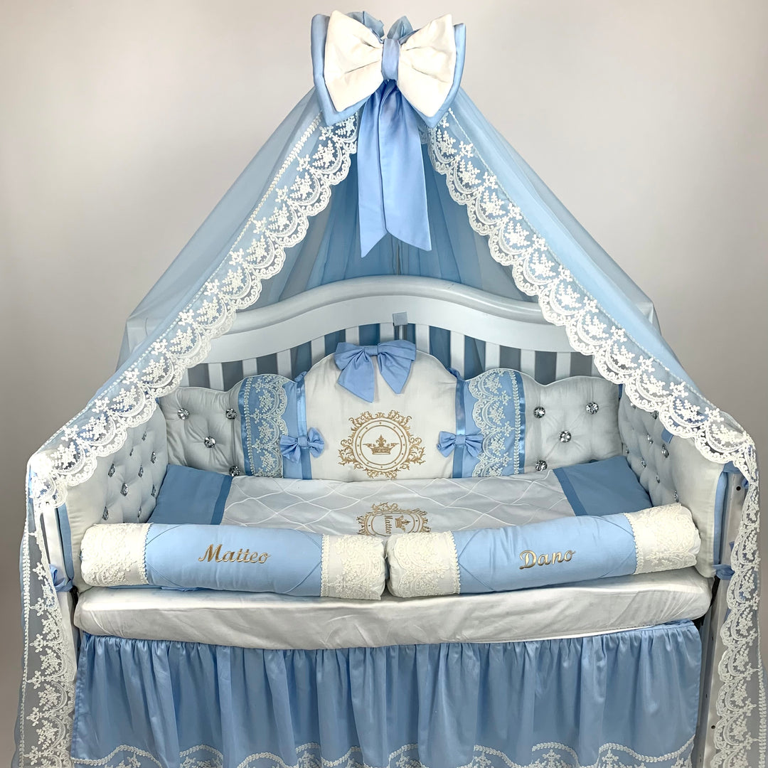 Blue & White Satin Baby Boy Bedding with Lace & Rhinestones