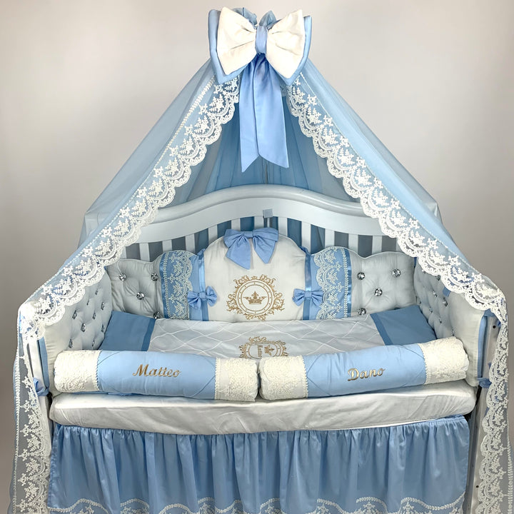 Blue & White Satin Baby Boy Bedding with Lace & Rhinestones