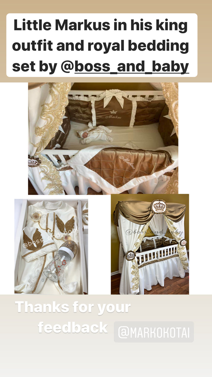 Gold Baby Boy Crib Bedding Set with Lace & Canopy