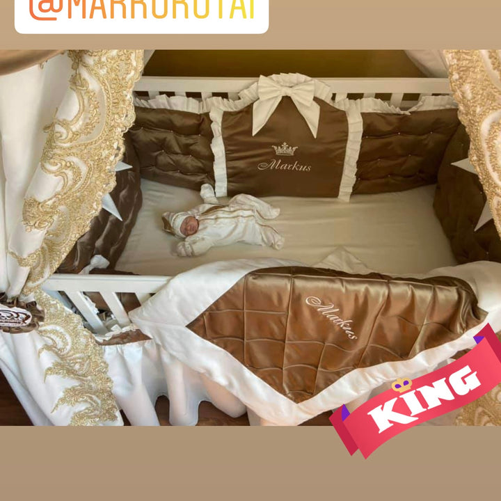 Gold Baby Boy Crib Bedding Set with Lace & Canopy