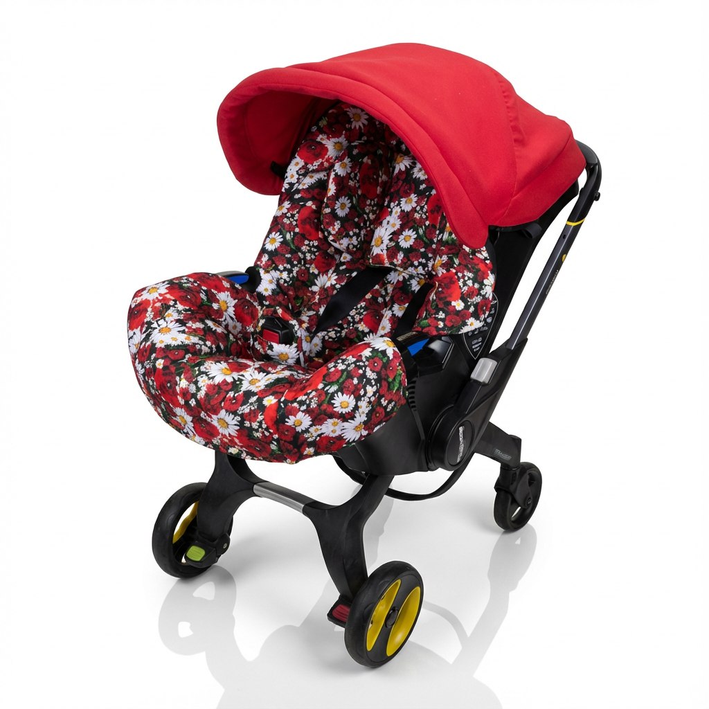 Baby car seat cover set installed on a Doona car seat, featuring a bright red canopy and floral upholstery with a daisy pattern in red, white, and green tones, photographed on a clean white background.