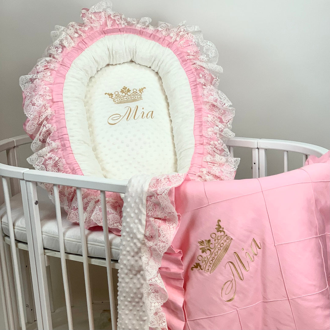 Personalized Pink Baby Cocoon – Portable Mini Crib Co-Sleeper