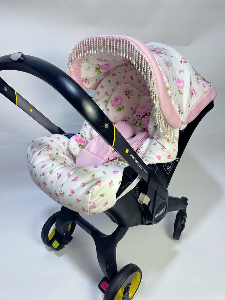 Vintage-Inspired Pink Flower Print Stroller Car Seat Cover Set: Perfect Gift for Expecting Moms!